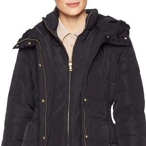 Cole Haan Down Coat with Bib Front and Dramatic Hood NAVY SIZE SMALL